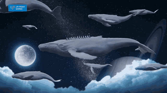 a group of whales are swimming in the night sky with a blue banner that says up front works