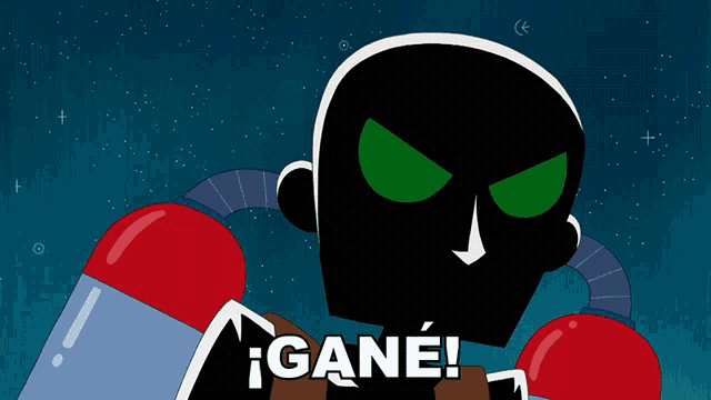 a cartoon character with green eyes and the words gane in white letters