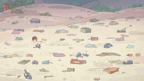 a cartoon drawing of a girl sitting on a pile of garbage