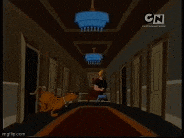 a cartoon character is running down a hallway with cn on the bottom