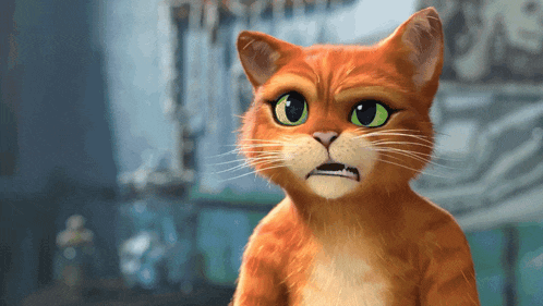 a cartoon cat with green eyes making a funny face