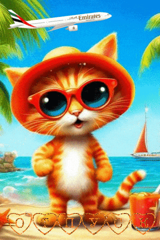 a cat wearing sunglasses and a hat on a beach with an emirates plane flying in the background
