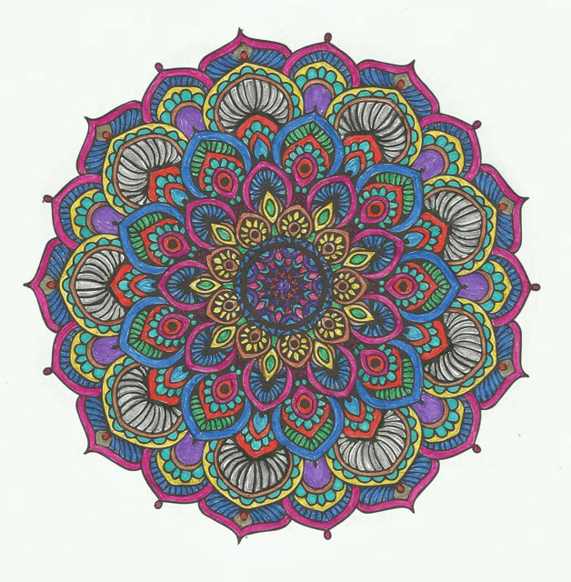 a drawing of a colorful circular pattern with a purple center