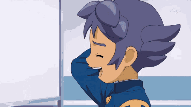 a drawing of a boy with purple hair and a yellow circle on his chest
