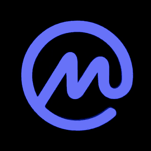 a blue letter m is in a blue circle on a black background