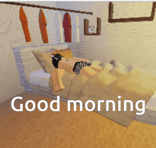 a cartoon drawing of a person laying in a bed with the words " good morning " below them