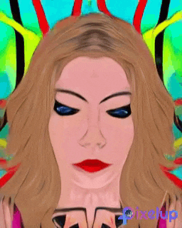 a painting of a woman 's face with pixelup written on the bottom right
