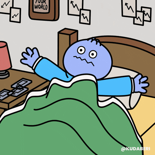 a cartoon of a person in bed with a sign that says your world on the wall