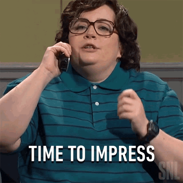 a man talking on a cell phone with the words time to impress written on the bottom
