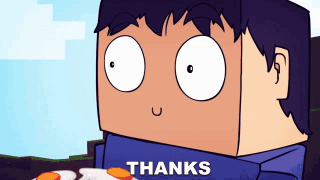 a cartoon character is holding a plate of eggs and the word thanks is on the bottom right