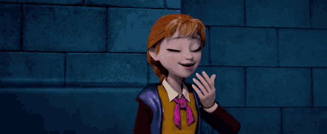 anna from frozen is wearing a purple vest and tie