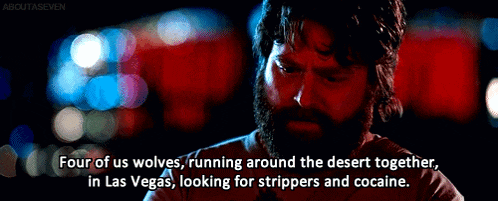 a man with a beard is looking for strippers and cocaine