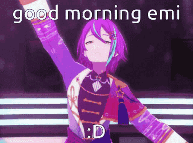 a girl with purple hair is dancing with her arms in the air and the words good morning emi are above her