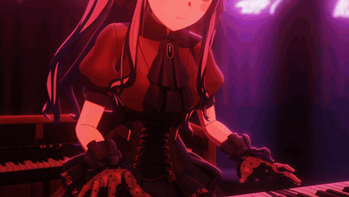 a girl in a red dress is standing in front of a neon sign that says t.t.