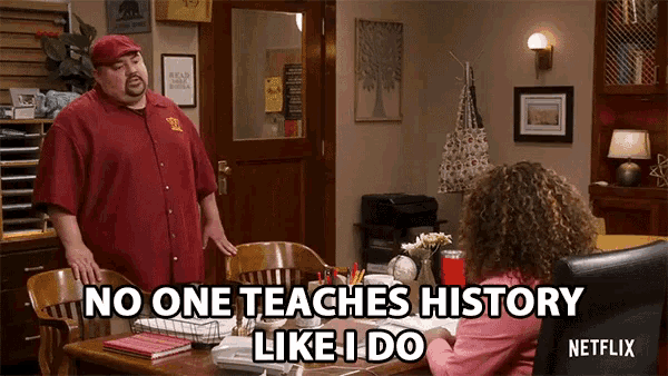 a woman sits at a desk with the words no one teaches history like i do on the bottom