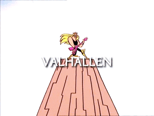a cartoon drawing of a woman holding a guitar with the word valhallan written above her