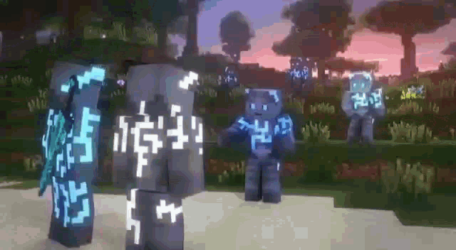 a group of minecraft characters are standing next to each other .