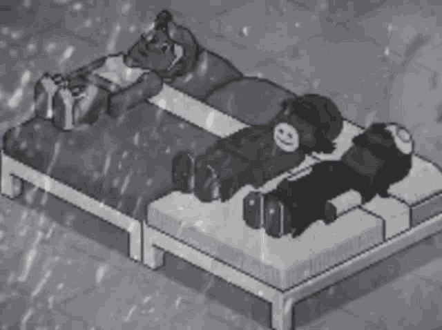 a black and white drawing of a couple laying on a bed