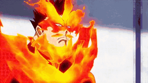 endeavor from my hero academia is covered in flames and is standing in front of a wall .