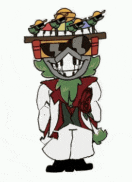 a drawing of a cartoon character with a hat and sunglasses on