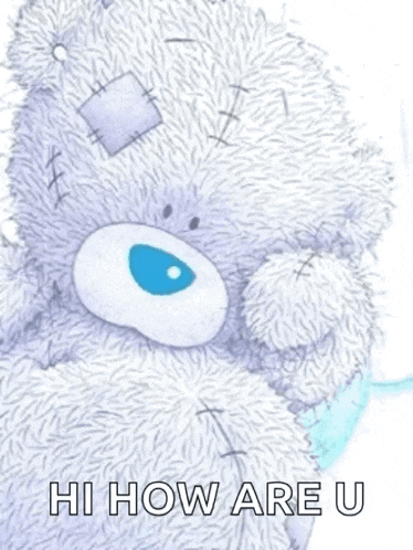a teddy bear with a blue eye is sitting on a white background and says hi how are u