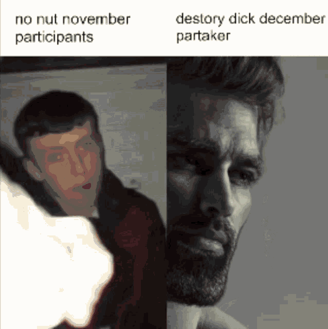 a man with a beard is pointing at another man with the caption no nut november participants