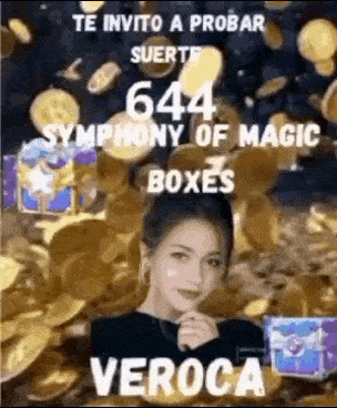 a woman is standing in a pile of gold coins .