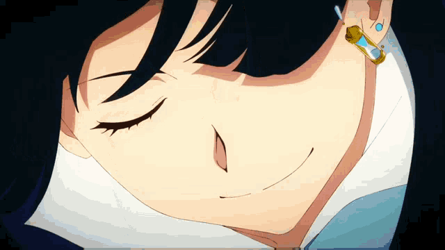 a close up of a girl 's face with her eyes closed and a hourglass in her ear