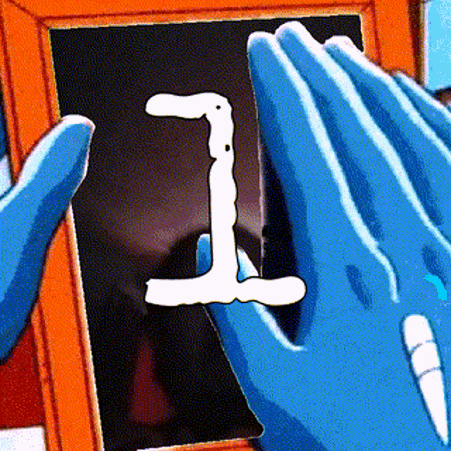 a blue hand is holding a picture with the number 1 on it