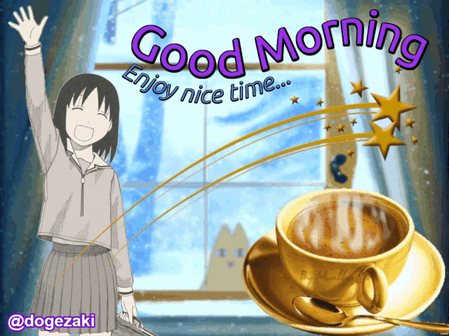 a cartoon of a girl and a cup of coffee with the words good morning enjoy nice time