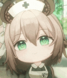 a close up of a nurse with green eyes and a white hat .