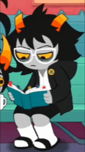 a cartoon character is reading a book while sitting down