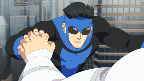 a cartoon character with a blue mask and sunglasses