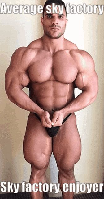 a picture of a muscular man with the caption sky factory enjoyer