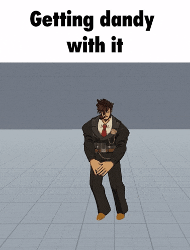 a man in a suit and tie is dancing with the words getting dandy with it