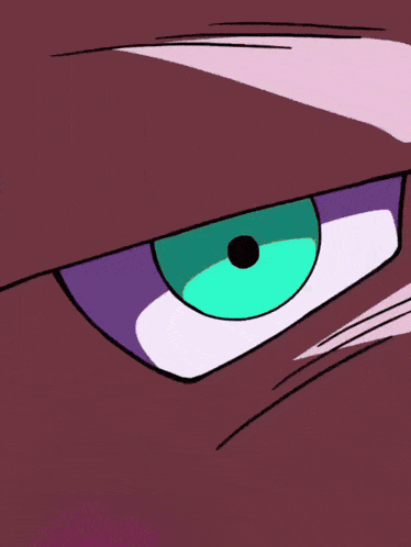 a close up of a cartoon character 's eye with a purple background and a purple light coming out of it