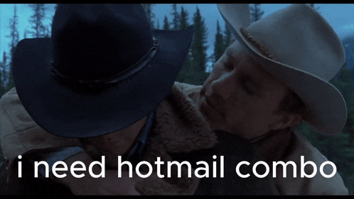 two men in cowboy hats hugging each other with the words i need hotmail combo above them