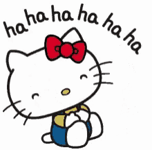 a drawing of hello kitty with a red bow and the words ha ha ha ha ha ha
