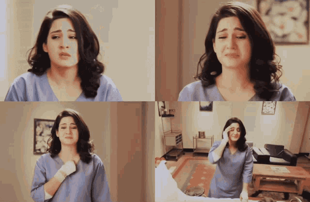 a collage of four pictures of a woman in a blue shirt