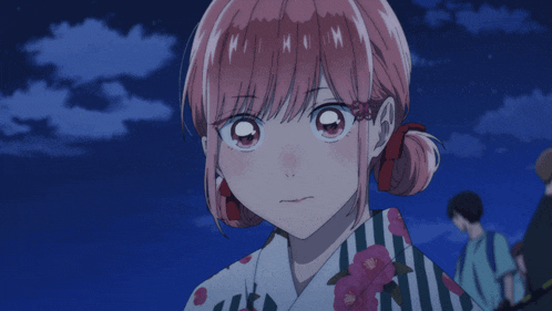 a girl with pink hair is wearing a kimono