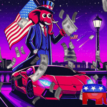 an illustration of an elephant in a top hat holding an american flag next to a car