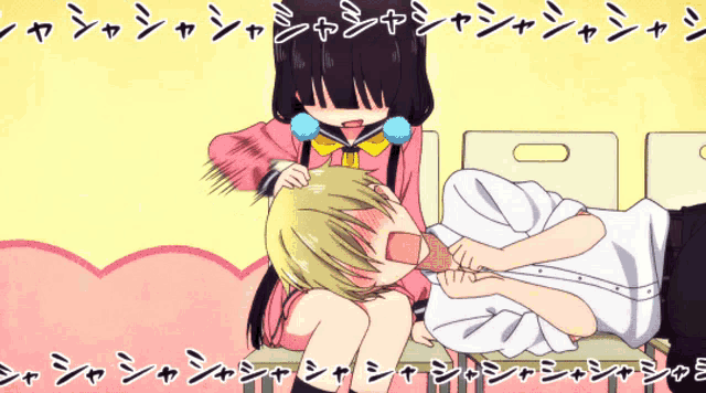 a girl sitting on a man 's lap with chinese writing surrounding them