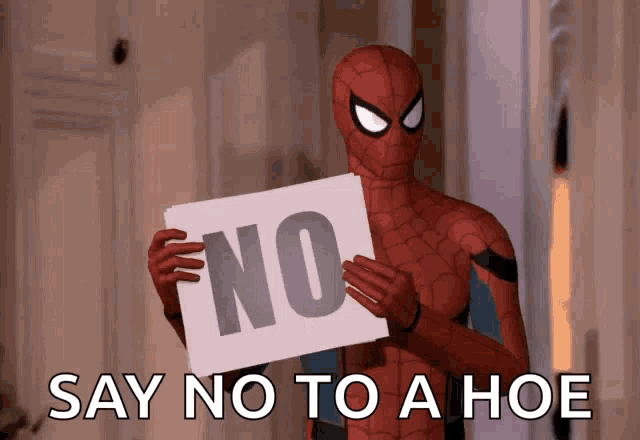 a spider-man holding a sign that says no