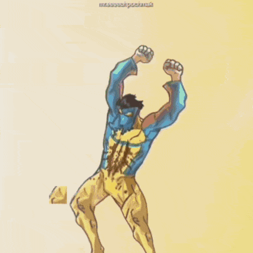 a cartoon drawing of a man in a blue and yellow costume