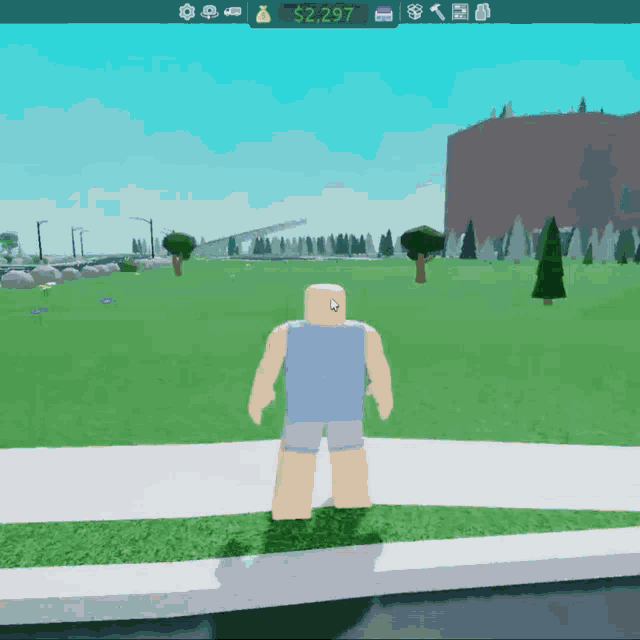 a person in a video game is standing on a sidewalk with a $ 2,297 sign above them