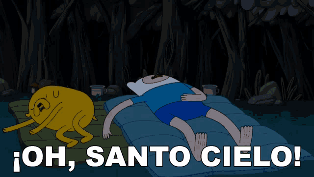 a cartoon of a man laying on a blanket with the words oh santo cielo above him