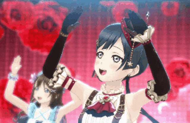two anime girls are dancing in front of a red background