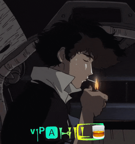a cowboy bebop character is smoking a cigarette and drinking whiskey in a car .