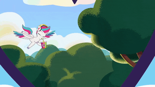 a cartoon of a unicorn flying through the air holding a drink