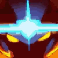 a pixel art drawing of a person with a blue light coming out of their eyes
